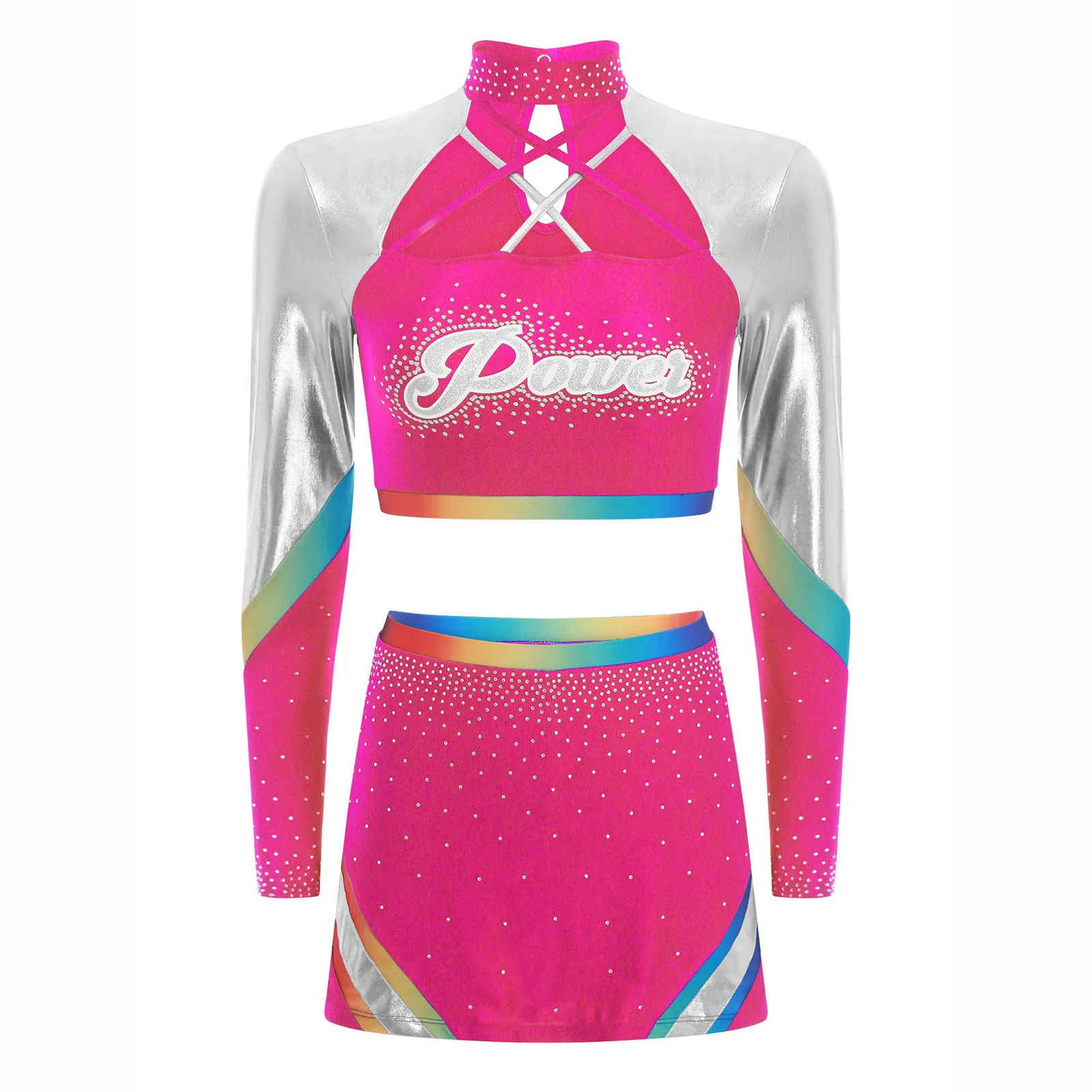 

Two Pieces Cheerleading Dance Costumes Women Shiny Stylish Crop Tops with Micro Skirt Set Competition Cheerleading Dance-wear