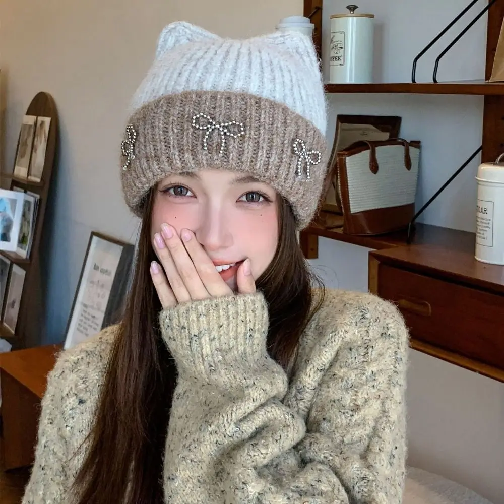 Fashion Contrast Color Cat Ear Knitted Hat Warm Cap Bow Crochet Basin Cap Wool Hat Jennie Style Knit Beanie Apparel Accessories