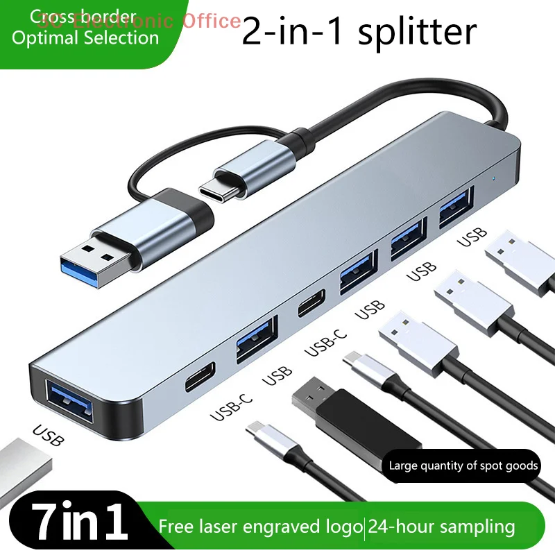 7 In 2 USB Hub With Card Reader USB C Port 3.0 2.0 SD TF Slot Docking Station For Laptop PC
