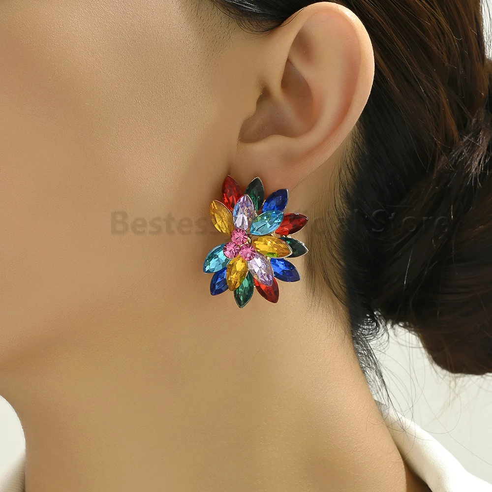 Colorful Flower Design Big Stud Earrings For Women Vintage Elegant Style Alloy Glass Fashion Luxury Jewelry Valentine Gift 2025
