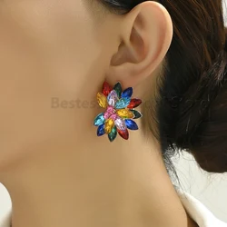 Colorful Flower Design Big Stud Earrings For Women Vintage Elegant Style Alloy Glass Fashion Luxury Jewelry Valentine Gift 2025