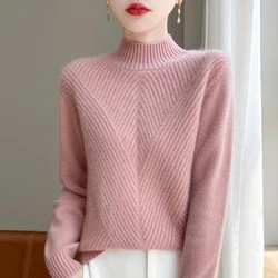 100% lana Merino Cashmere maglione lavorato a maglia da donna mezzo collo alto manica lunga Pullover autunno/inverno nuovo Top allentato