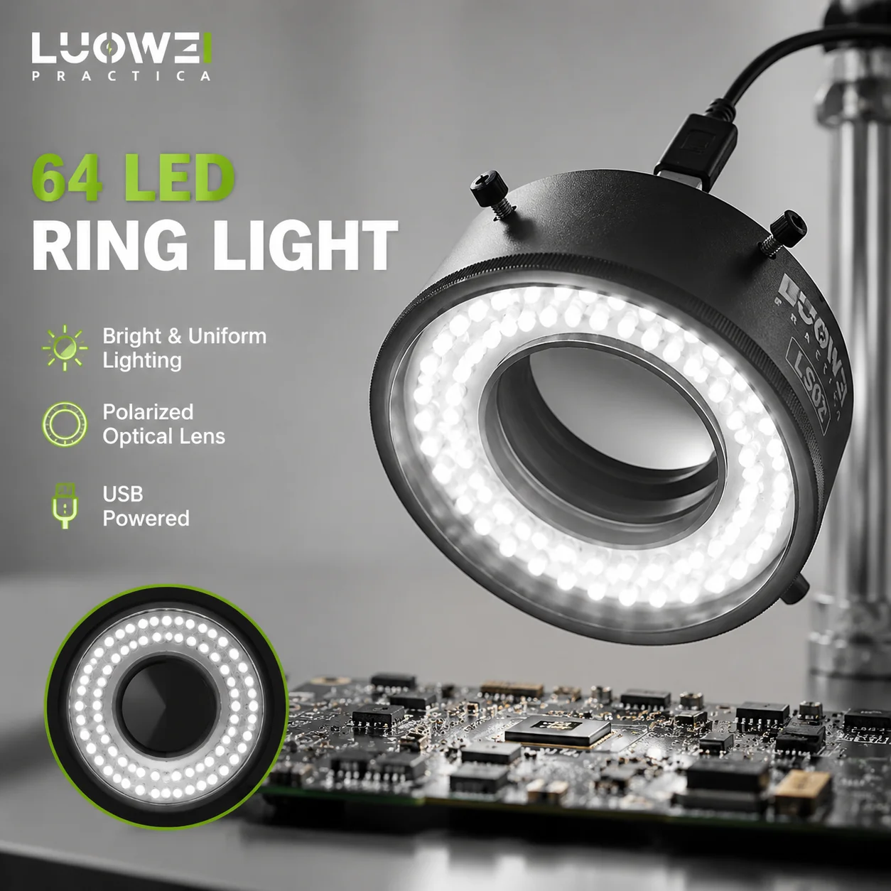 Поляризационная кольцевая LED-лампа LUOWEI LW-LS02 64/61 мм для микроскопа, антибликовая подсветка для ремонта стереомикроскопов