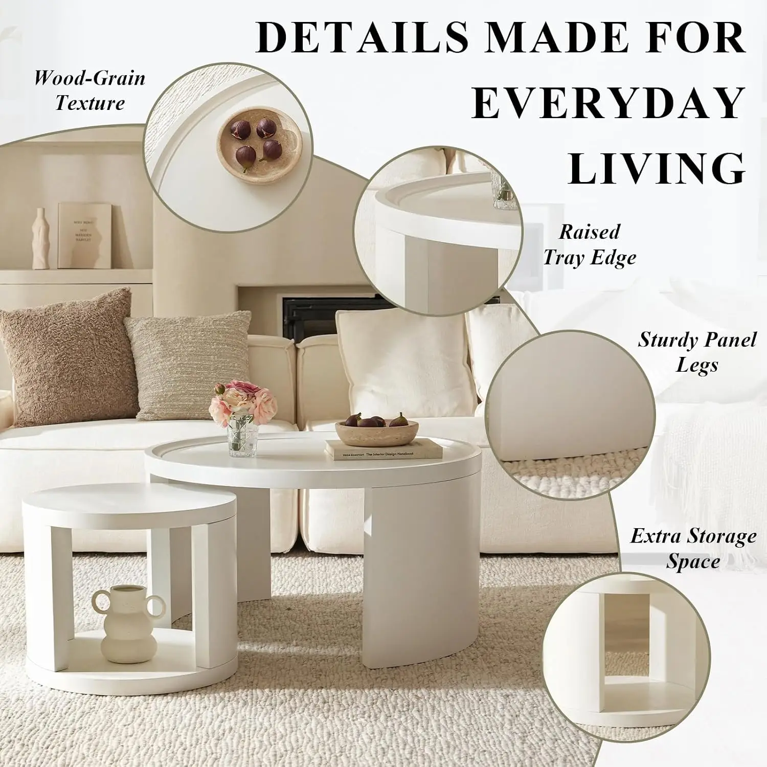 White Round Nesting Coffee Table Set of 2, 31.5 in, Customized
