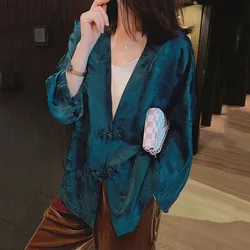 2024 New Chinese style Jacquard Hanfu Blouse Women Elegant V Neck Traditional Tang Suits Blouse Autumn Vintage Floral Top female