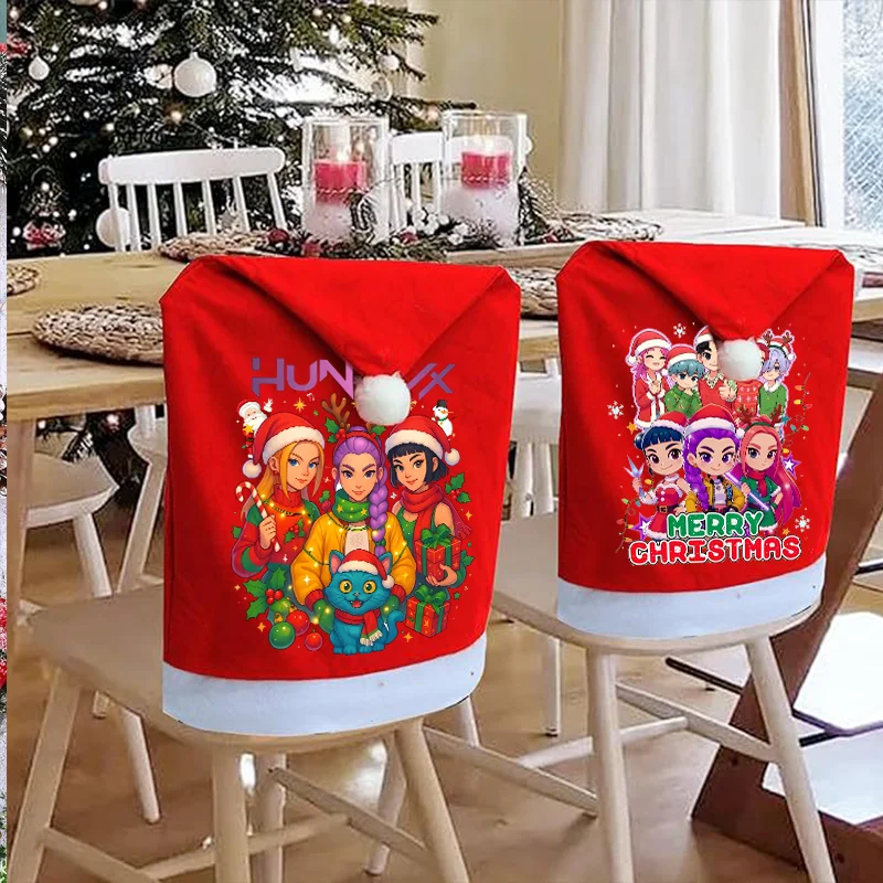 

K Pop Demon Hunters Santa Hat Chair Cover Christmas Supplies Home Decoration Festive Atmosphere Xmas Party Restaurant Dress Up