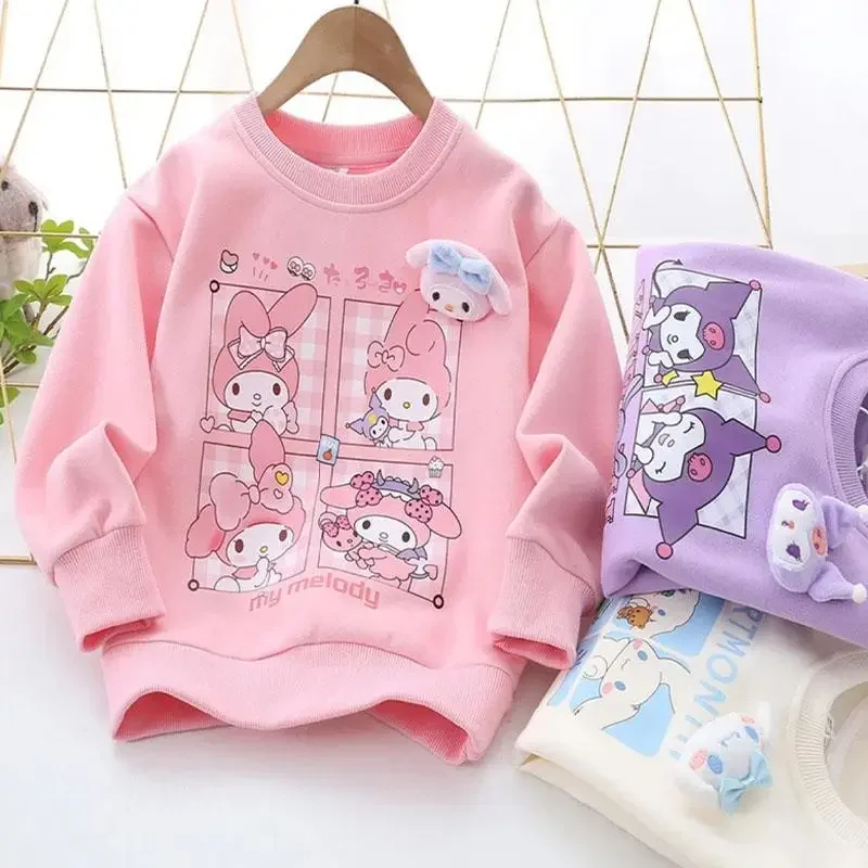 Anime Sanrios Cinnamoroll Melody Children Clothes Cute Cartoon Sweatshirt Kuromi Round Neck Hoodie Long Sleeve T-Shirt Toys Girl