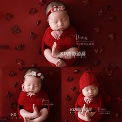 Envolturas elásticas suaves para fotografía de recién nacido, sombrero de pompón de punto, tocado de flores, conjunto de accesorios para sesión de fotos con tema rojo, estudio
