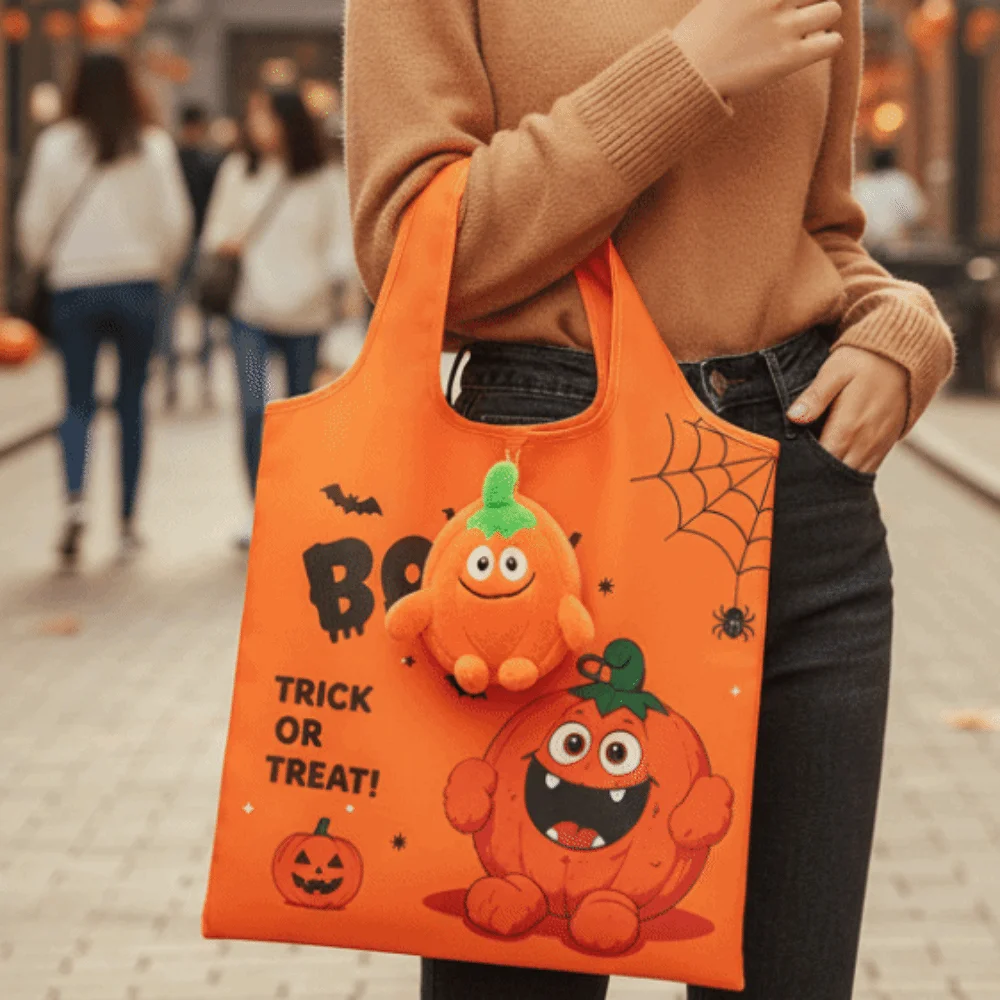 Solid Color Halloween Grocery Tote Space-Saving Tear-Resistant Cartoon Pocket Handbag Large Capacity Mini Foldable Shopping Bag