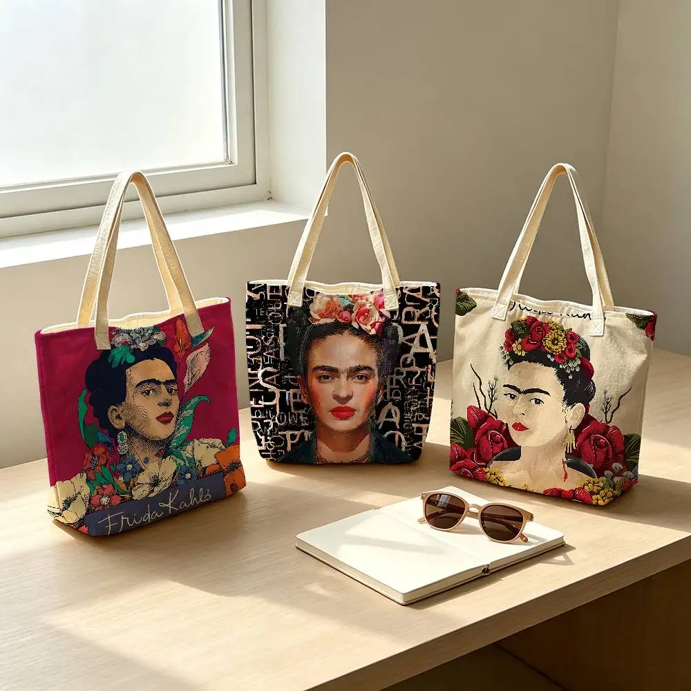 Mexican F-Fridas Various Anime Cotton‑Polyester Tote Bag Reusable Eco‑Friendly Double‑Sided Shoulder Storage Shoulder Bag