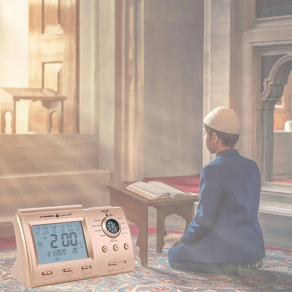 

Multi-purpose Muslim Table Clock Hijir Calendar with Adhan Alarm Tabletop Muslim Clock Easy Setting Temp Display