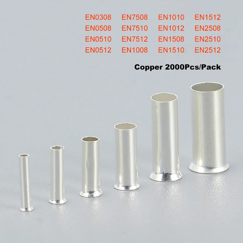 

2000Pcs Copper Tube Bare Cord End Terminal Electrical Crimp Naked Wire Connector EN0308~EN2512 Cable Ferrules 24-14AWG