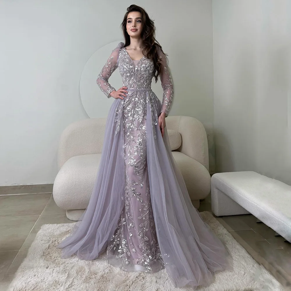 فستان سهرة متألق مع ذيل تول مخصص بياقة على شكل V وأكمام طويلة مطرز بالترتر حورية البحر فستان حفلات فيستدوس دي فييستا