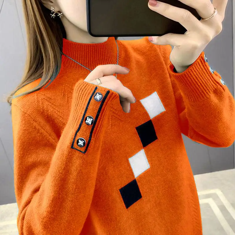 Fashion Turtleneck Spliced Button All-match Casual Sweaters Female Clothing 2023 Autumn Winter New Korean Pullovers Sweaters