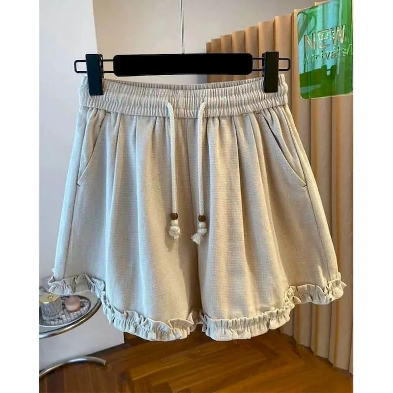 

Shorts for Women 2026 Summer Casual Wide Leg Pants Korean Style Drawstring Elastic Waist Ruffled Edge Trousers Women Clothing