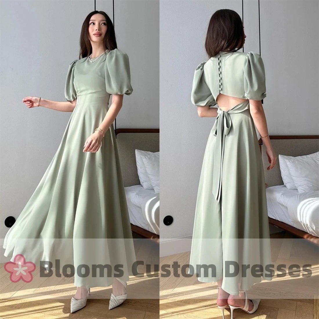 

Blooms Half Sleeves A-Line Vintage Prom Dress Back Sash Buttons Formal Occasion Gown Draped Party Evening Dresses