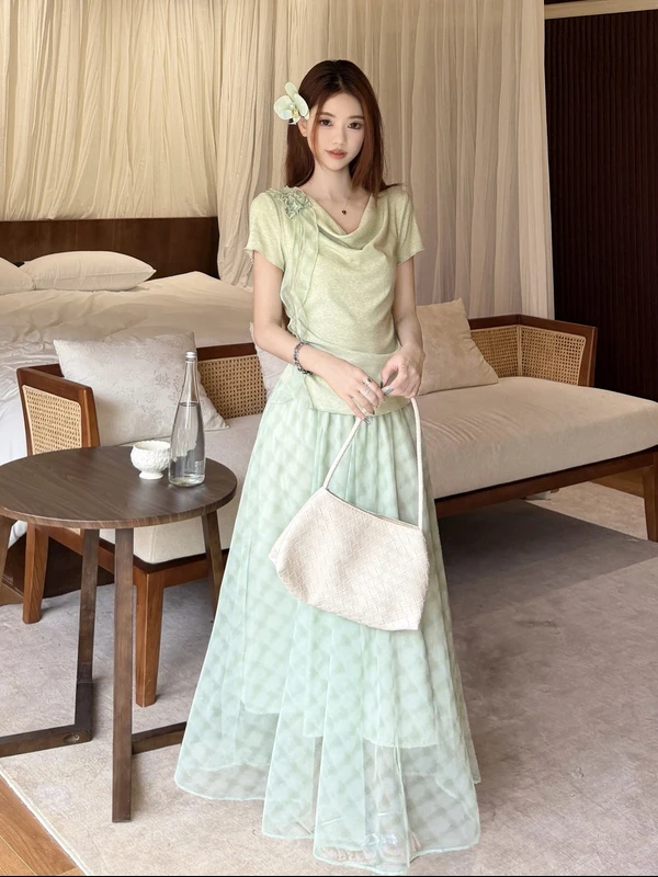 

Summer Elegant plus Size Half Skirt A-Line Long Dress Netting High Waist Slimming Trendy for Plump Women Casual Sweet Style