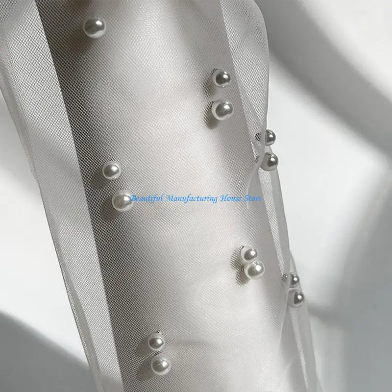 E56A Pearls Lace Long Gloves Stretch Tulle Mesh Semi Sheer Gloves for Formal Clothes