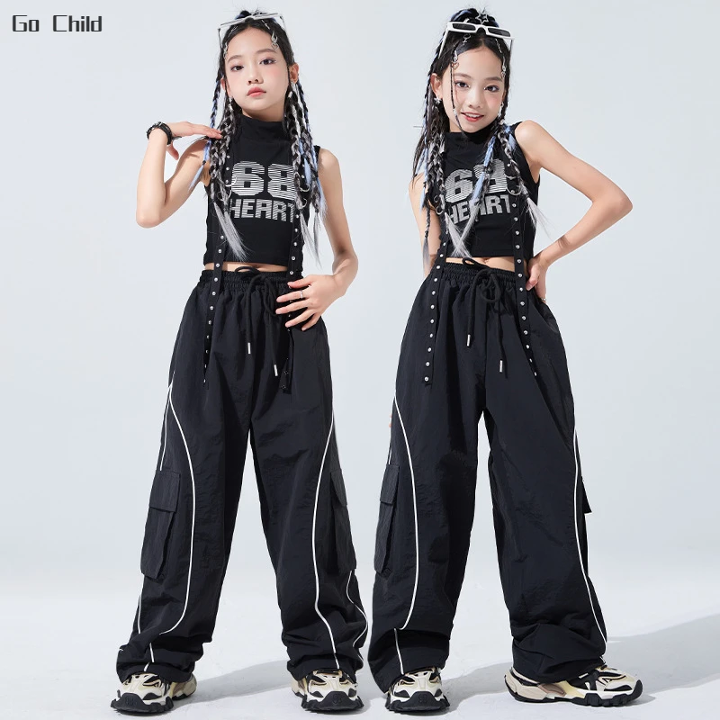 

Girls Fashion Streetwear Child Hip Hop High Collar Crop Tank Top Cool Cargo Pants Clothes Sets Kids Street Dance Jazz Costumes