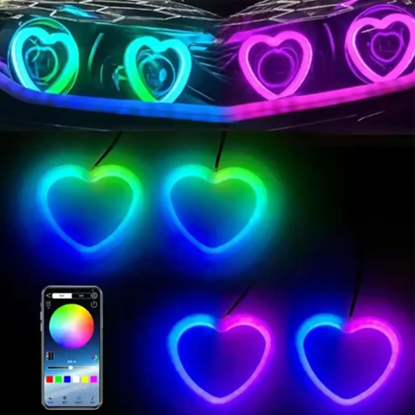 RGB LED Car Headlights Romantic Heart-shaped Ambient Signal Lights Love Shape Fog Light Car Accessories For Truck RV Sedan SUV