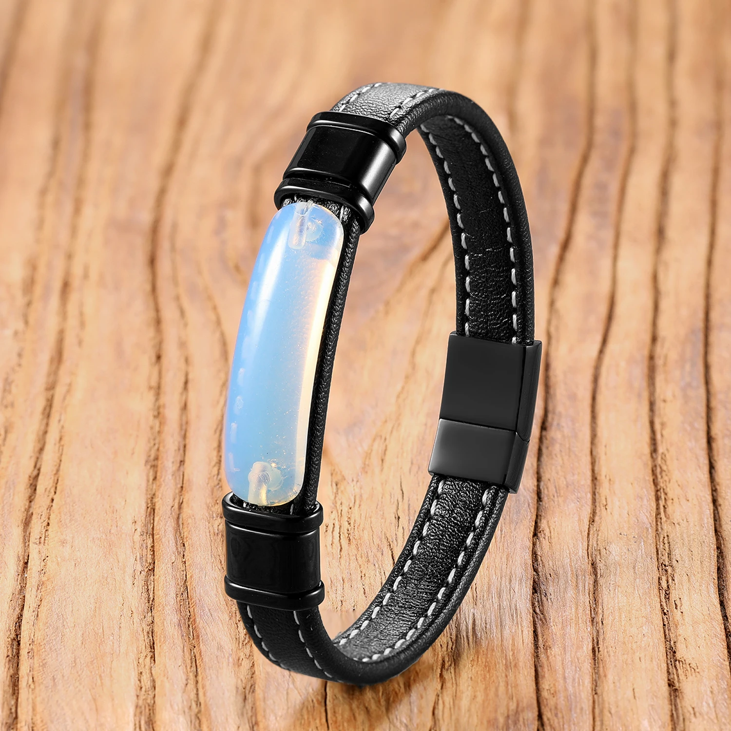 15 Style Chakra Arc Stone Bracelets, Natural Curved Gem Stones with Braided Leather Stainless Steel Accessories Jewelry