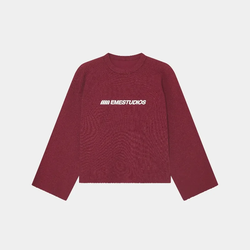 

Y2K Metro Red Long Sleeve Shirts Eme New Letter Printed Knit Round Neck Casual Shirt Retro Solid Color Men Women Clothing Shirts