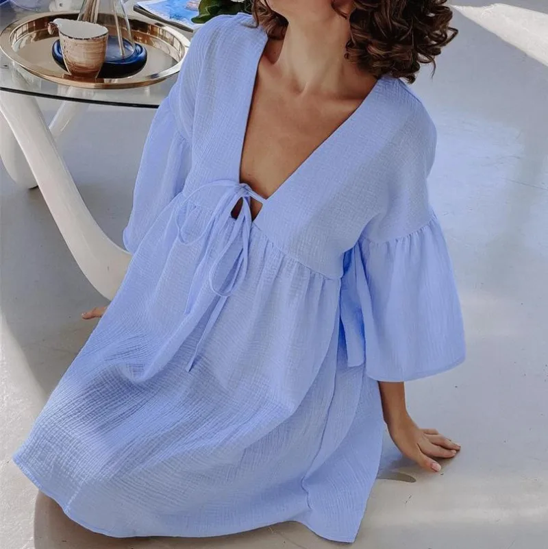 Loose Night Dress Women Cotton Peplum Half Sleeve V Neck Sleepwear Female Spring Casual Woman Dresses Solid Sleepwear Pajamas