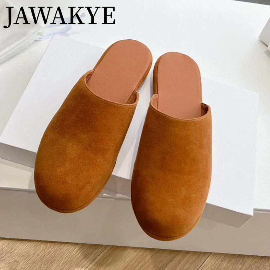 2024 Luxury Brand Slippers Cow Suede Half Slippers Ladies Mules Woman\'s Flat Mules Causal Round toe Slippers for Women Home