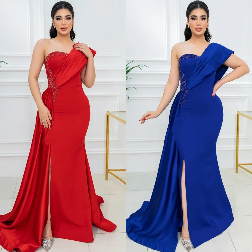 

Jersey Pleat Beading Clubbing A-line One-shoulder Bespoke Occasion Gown Long Dresses