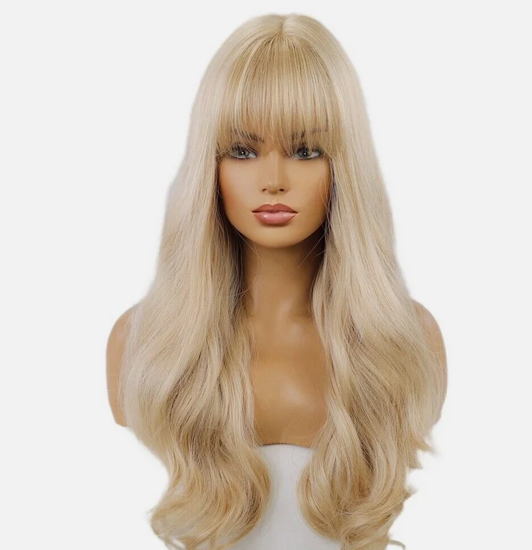 Synthetisches Haar, lange gewellte Damen-Perücken mit Pony, Halloween, hellblond