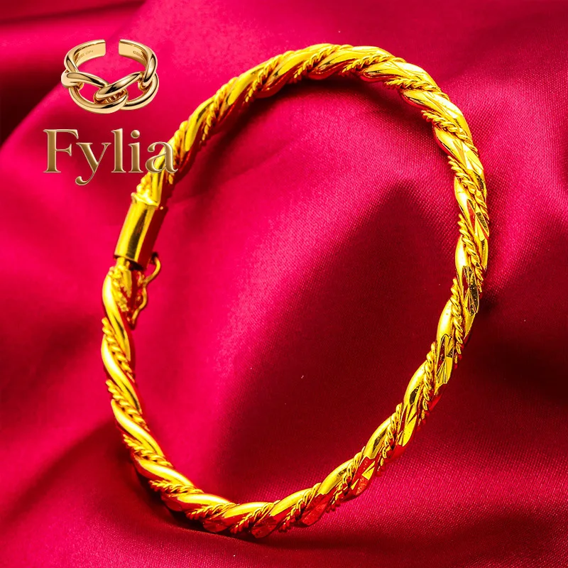 Fylia Jewelry   4mm Women's 24K Gold (AU999) Buckle Twist Bracelet | 3D bamboo twist, filigree bamboo with moonstone