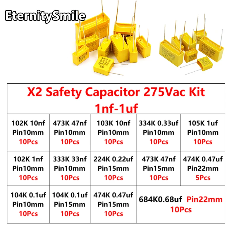 135Pcs/14 Values X2 Safety Capacitor 275VAC 102K 103k 104k 105K 473k 334k 333k 1NF~1UF Polypropylene film capacitor Assorted Kit