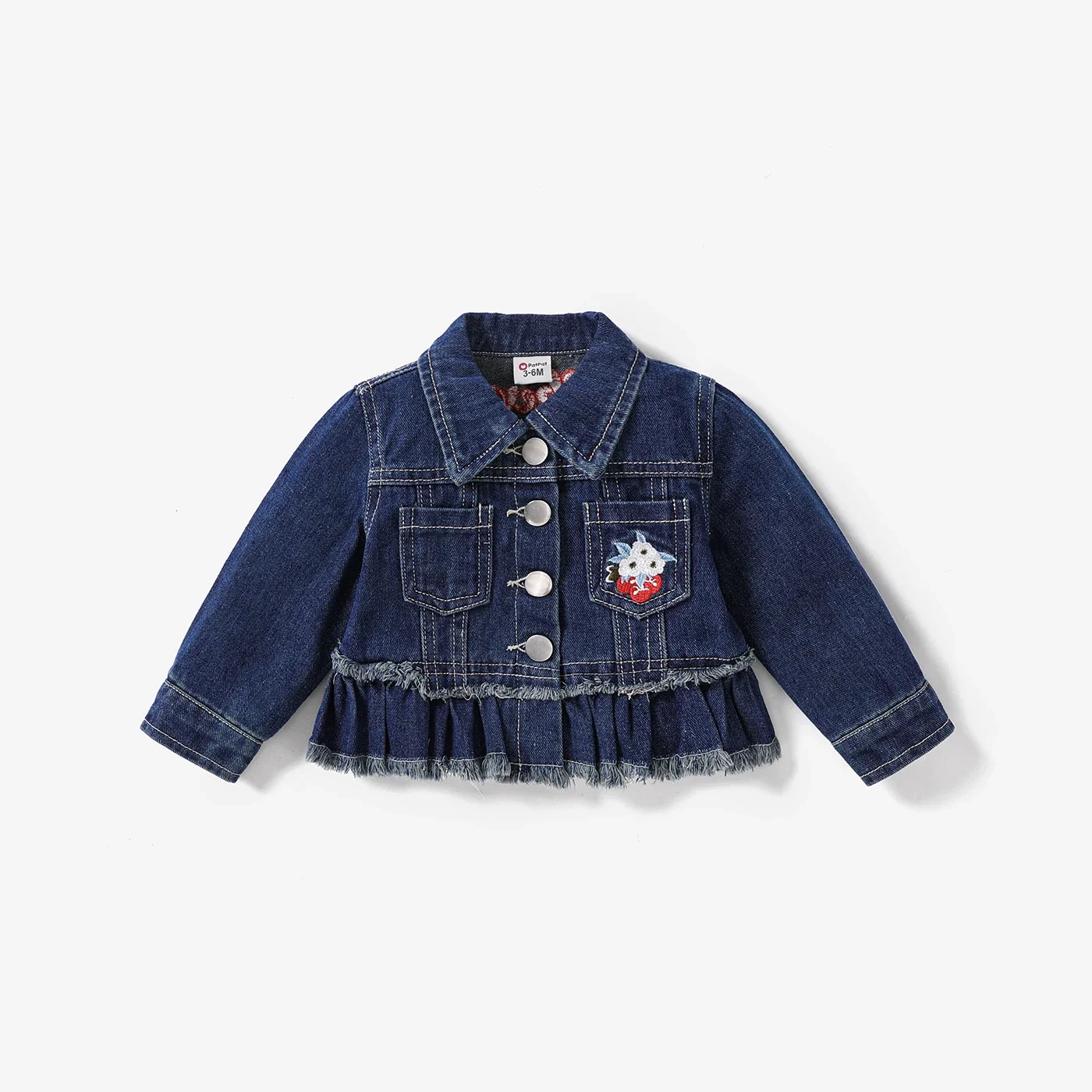 PatPat Baby Girl Childlike Fruit Embroidery  Lapel Denim Jacket Soft and Comfortable  Perfect for Outings and Daily Wear