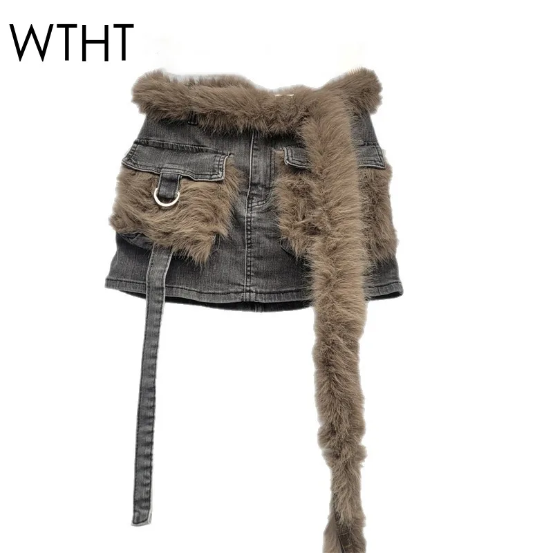 WTHT 2025 Winter Fashion New Women's Spliced Plush Ribbon Cargo Denim Skirts High Waist Wrap Hip Mini Skirt Female 1LS2760