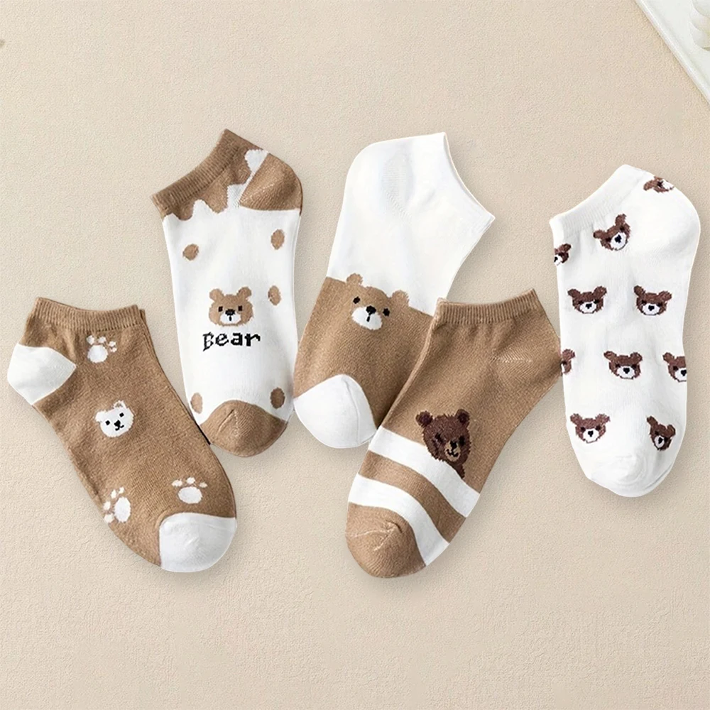 5 Pairs Women Cartoon Bear Printed Ankle Socks Cute Fashionable Versatile Socks Lightweight Comfortable Antibacterial Short Sock