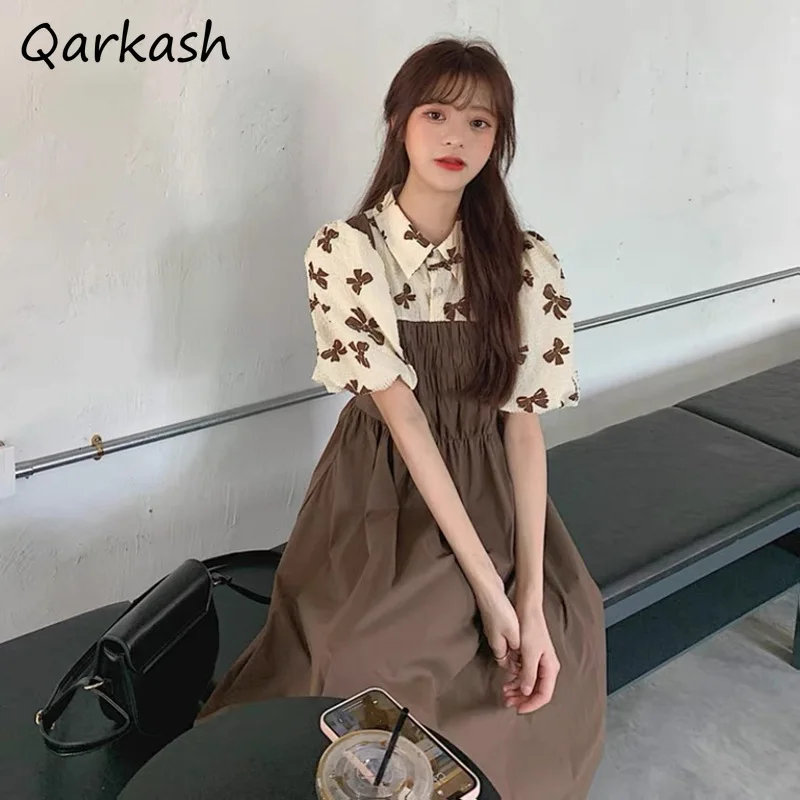 

Puff Sleeve Midi Dresses Women Bows Mori Girl Style Patchwork A-line Empire Sweet Lovely High Street Casual Chic Students Summer