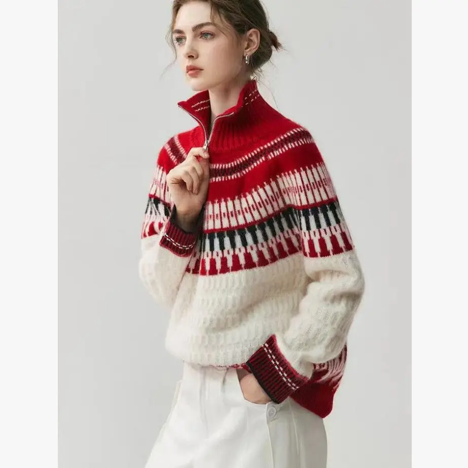 

Жаккардовый свитер в стиле ретро с полумолнией и открытым воротником, женский осенне-зимний свободный толстый вязаный топ с высоким воротником