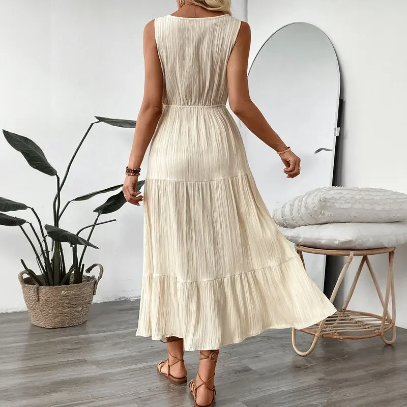 Summer New Fashionable Solid Color Women Long Dress Sexy V-neck Female Sleeveless Beach Vacation Vestidos