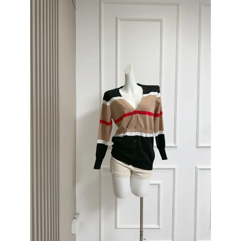 

Женский кардиган контрастного цвета, свитер с v-образным вырезом, трикотаж 2000-х годов, эстетичная теплая винтажная куртка, корейская мода, осень-зима 2023 г.