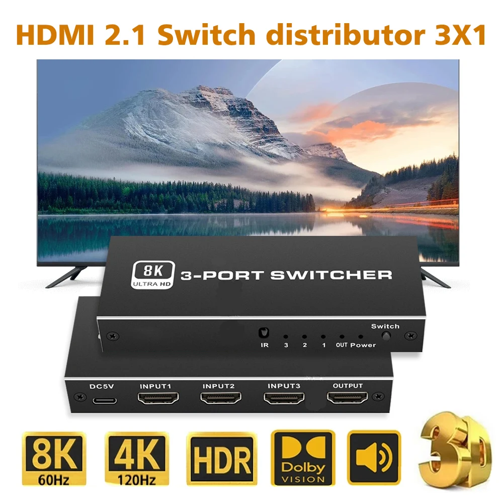 ‌8K@60Hz HDMI-compatible 2.1 Switcher 4K@120Hz 1080P@240Hz Switcher 3 In1 Out Port 48Gbps Transmission for PS5/Xbox/PC/TV