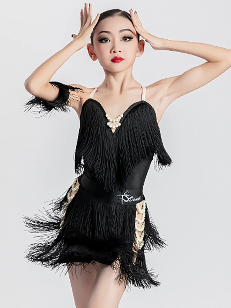 

Latin Dance Dress for Girls Children Bead String Fringe Tassels Training Dress Sleeveless Professional Suspender Dancewear