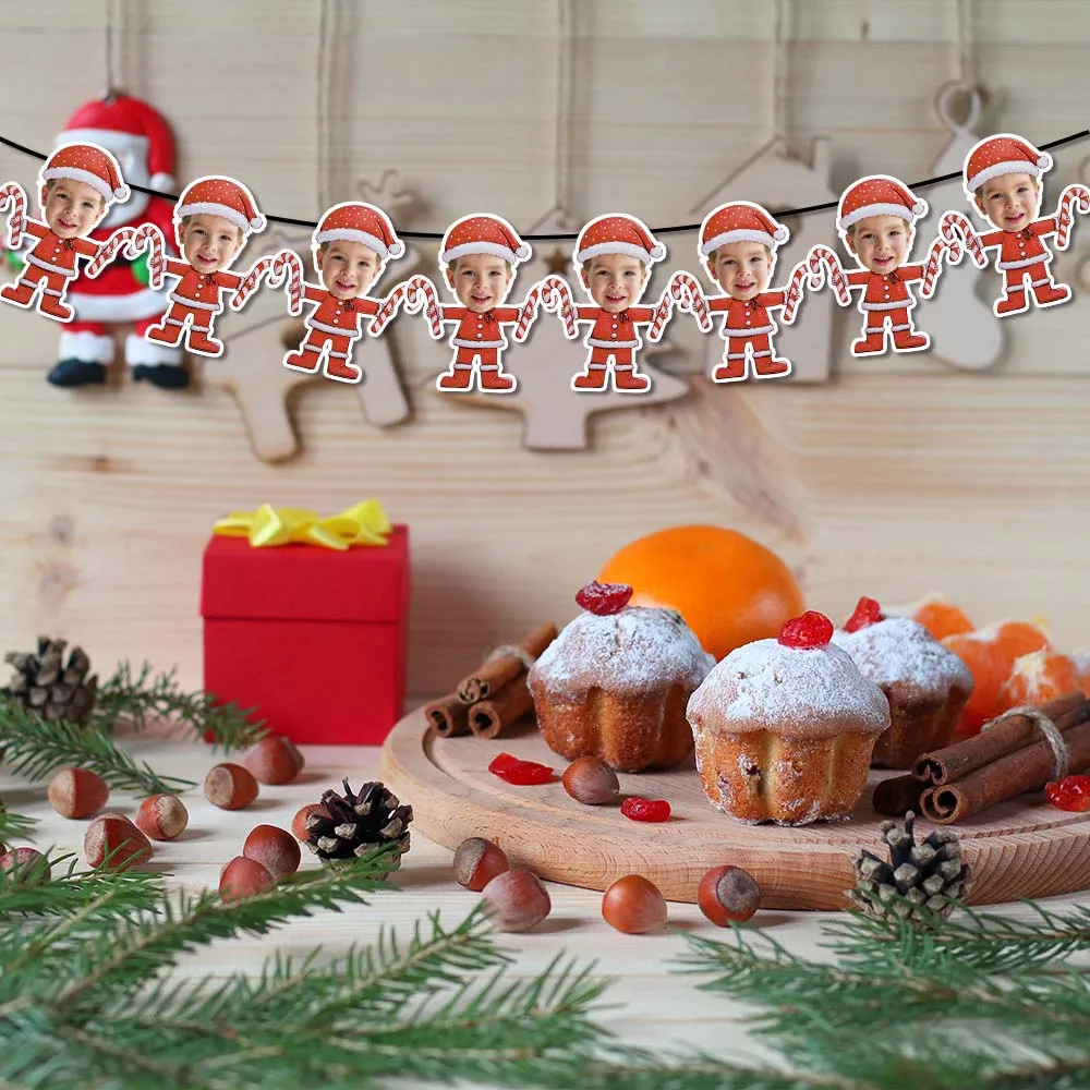 Customized Christmas Party Decoration Cute Santa Claus Pattern Face Photo Paper Banner Gift Stickers and Cake Plugin Straw Set