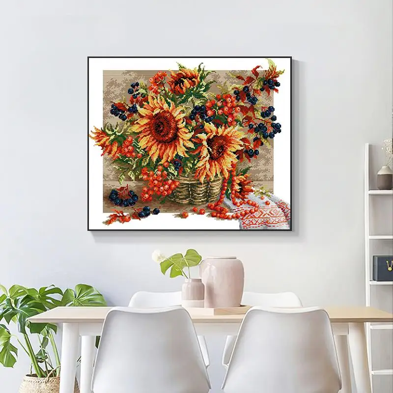 Sunflower Berry Flower Basket Printed Cross Stitch Kit 14CT 11CT White Canvas Fabric Needlework Embroidery Set Dining Room Decor