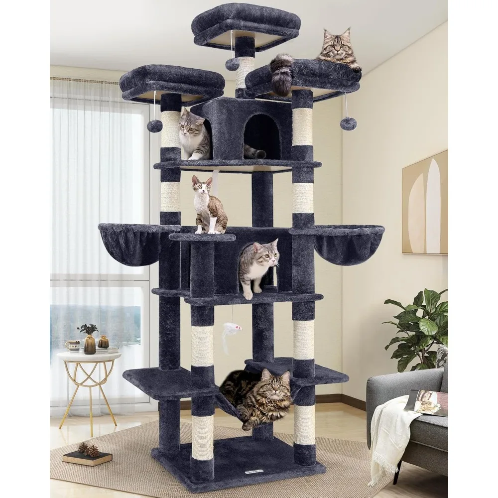 

80inch Cat Tower for Multiple Adult Cats XXL Cat Tree with Scratching Post, Hammock, 3 Perches, 2 Condos, 2 Hanging Basket,