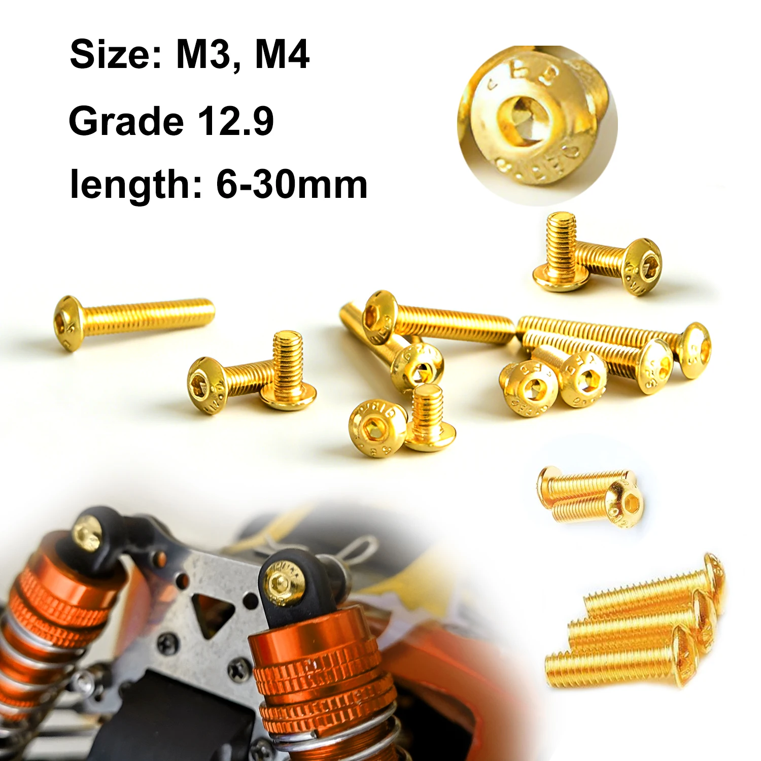 

10pcs M3 M4 Golds 12.9 Grade Alloy Button Head Hex Screw, High Strength Hexagon Socket Cap Bolt Fastener Hardware for Use