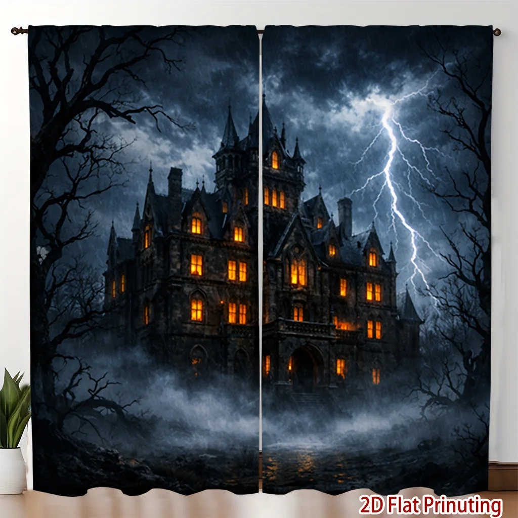 Spooky Haunted Castle Lightning Curtains 2 Panels, Fog Bare Dead Tree Dark Stormy Night Gothic Halloween Teen Bedroom Curtain
