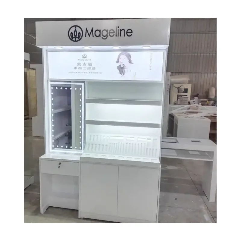 

Custom. Hot Sale Acrylic Cosmetic Wall Cabinet with Lights Makeup Display Showcase Cosmetic Shop Interior Design Ideas