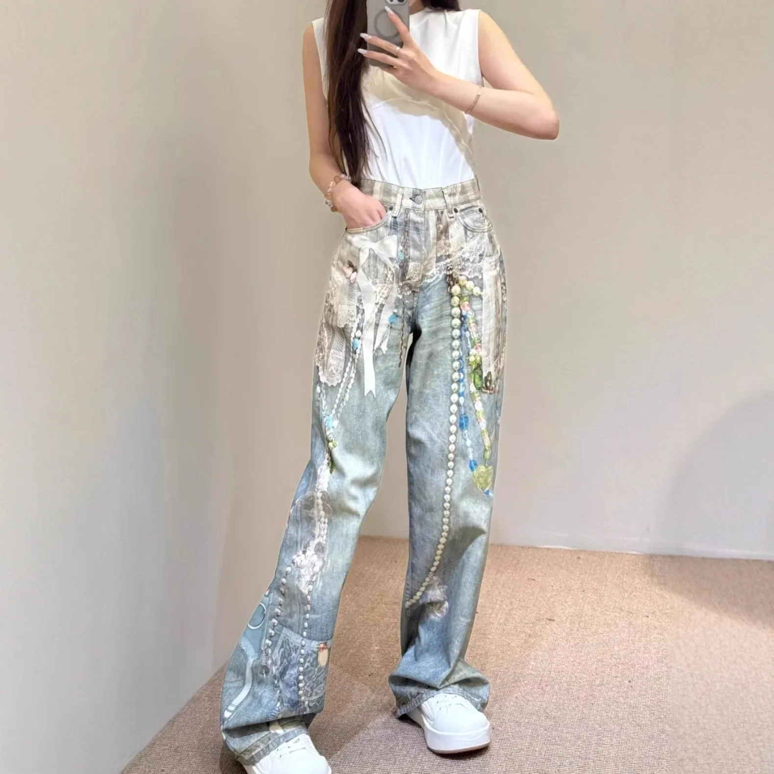 2025 New 3D Printed Lace Pearl Chain Printed Vintage Denim Jeans High Waist Straight Leg for Men And Women Trendy High Street St
