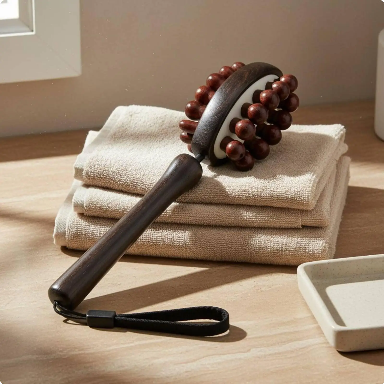 Double-Sided Massage Hammer Solid Wood Beads Long Handle Back Massager for Null