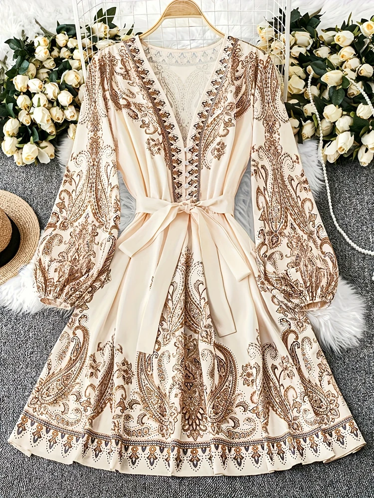 

Женские элегантные платья больших размеров с подолом на талии и принтами, с v-образным вырезом и рукавами-фонариками, платья больших размеров для праздника, дня рождения